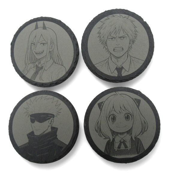 ANIME COASTER Set Of 4 Animations on Round Gray Slate 4x4" - Picture 2 of 6